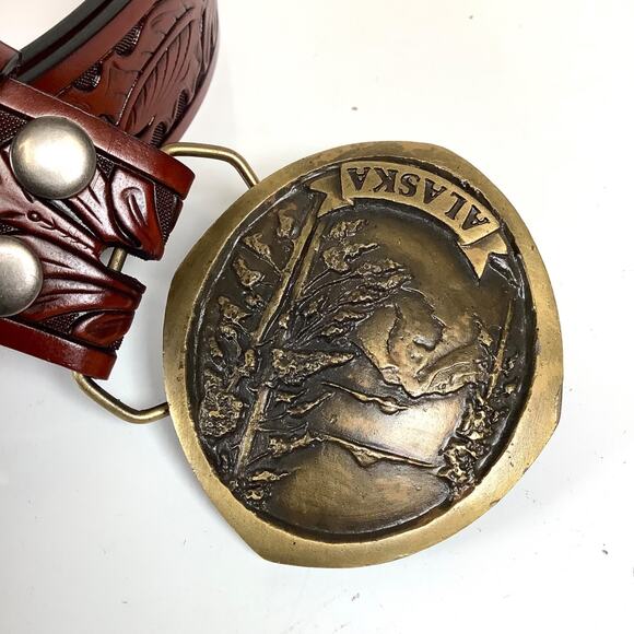 1979 Indiana Metal Craft Belt Buckle Alaska w/Tooled Leather Belt EXC! - Picture 2 of 9